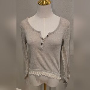 Hollister Gray Long Sleeve Top with Lace Trim